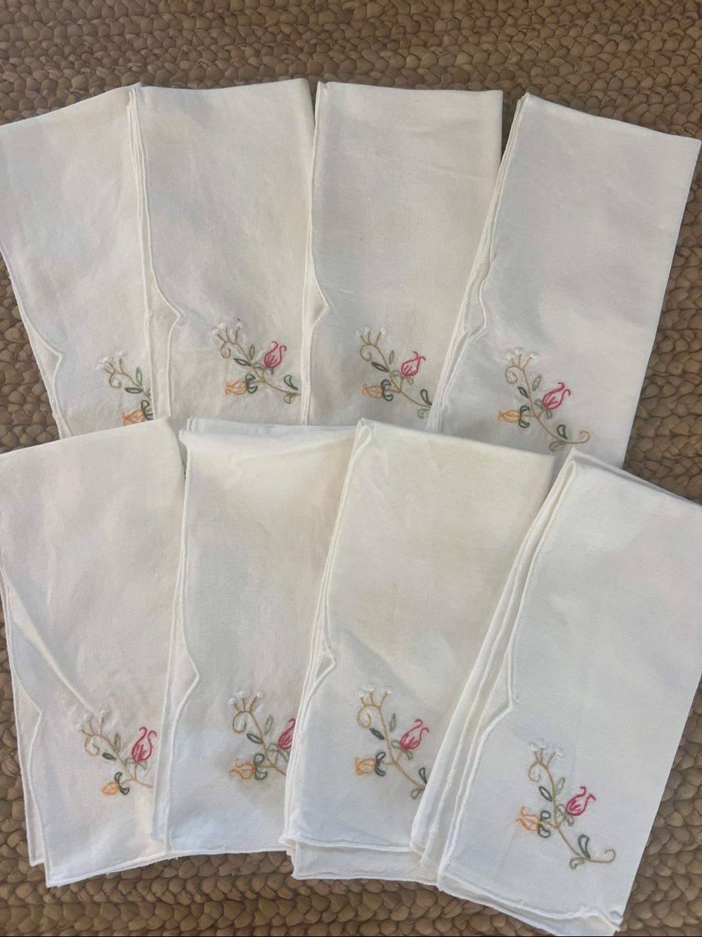Set of 8 Vintage Floral Embroidered Cloth Napkins